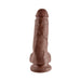 Realistic 8-inch brown dildo with textured shaft, balls, and suction cup base for hands-free use.