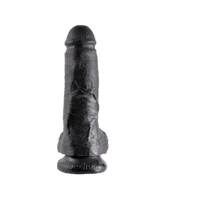 Black realistic 8-inch dildo with detailed texture and suction cup base for hands-free use.