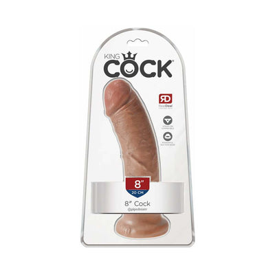 King Cock 8-inch tan dildo with realistic detailing and suction cup base in clear retail packaging.