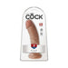 King Cock 8-inch tan dildo with realistic detailing and suction cup base in clear retail packaging.