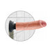 Beige 8-inch realistic vibrating dildo with suction cup base mounted on tiled wall.