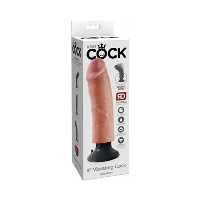 Beige 8-inch realistic vibrating dildo with bendable shaft and suction cup base in product packaging.