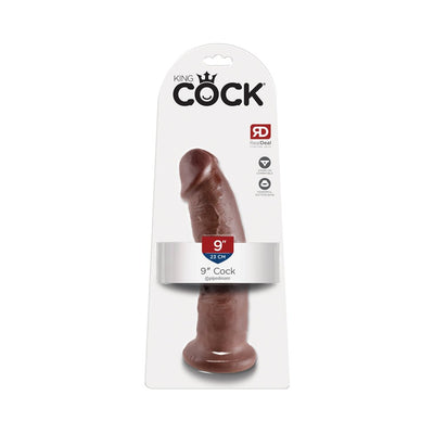 King Cock 9 inch realistic brown dildo with suction cup base in clear retail packaging.
