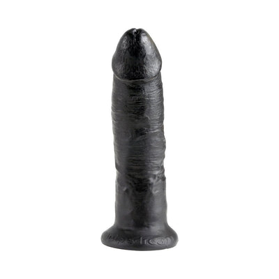 Black 9-inch realistic dildo with textured surface and suction cup base for hands-free use.