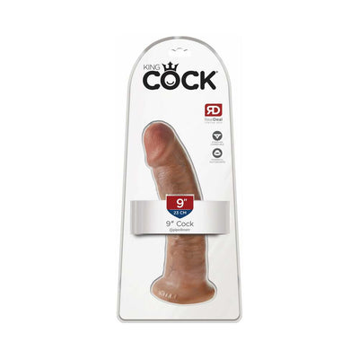 King Cock 9 inch realistic dildo with suction cup base in natural skin tone, packaged in clear display box.