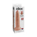 Packaging of King Cock 9-inch uncut dildo in beige with lifelike slide-skin foreskin feature and suction cup base.