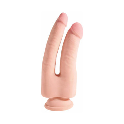 Beige double-ended realistic dildo with two flexible shafts and suction cup base for hands-free use.