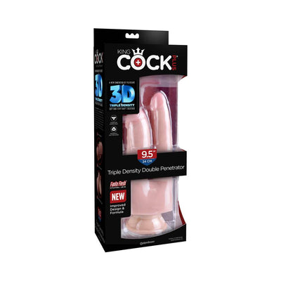 King Cock 9.5 inch triple density double penetrator dildo in beige with suction base in black packaging.
