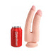 Beige double-ended realistic dildo with suction base next to a red Pipedream soda can for size comparison.