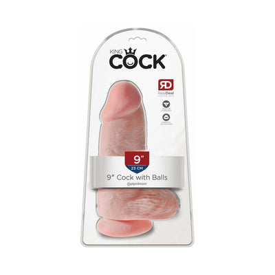 King Cock Chubby 9-inch realistic dildo with balls in packaging, flesh tone with suction cup base.