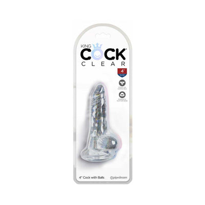 Clear 4-inch textured adult toy with suction base in retail packaging labeled King Cock Clear.