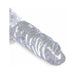 Close-up of a clear, textured 4-inch flexible adult novelty toy with detailed design.