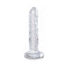 Clear 6-inch realistic dildo with suction cup base, detailed veins, and flexible shaft made from translucent TPE material.