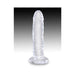 Clear 6-inch flexible dildo with suction cup base and lifelike veined design on gradient background.