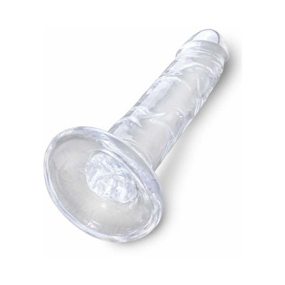 Clear 6-inch flexible dildo with suction cup base and lifelike veined texture in translucent material.