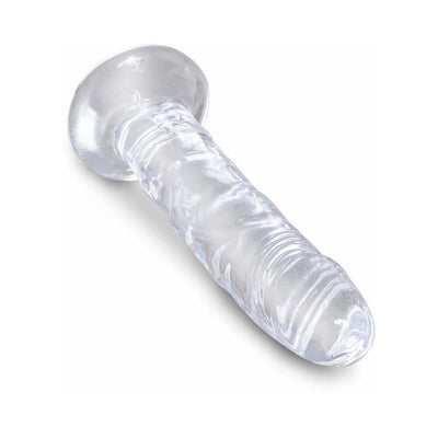 Clear 6-inch flexible dildo with suction cup base and lifelike textured design in translucent material.