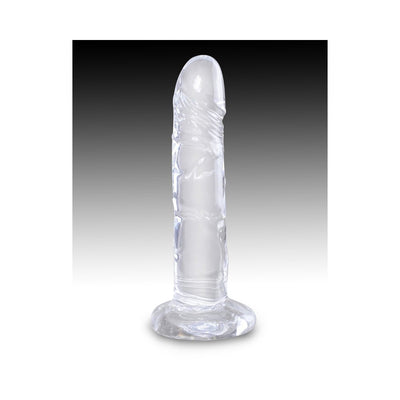 Clear 6-inch realistic dildo with suction cup base standing upright on gradient background.