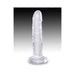 Clear 6-inch realistic dildo with suction cup base standing upright on gradient background.