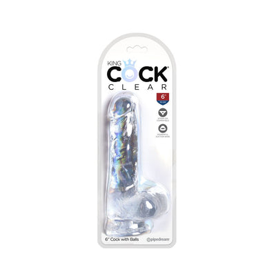 King Cock Clear 6-inch translucent dildo with suction cup base in retail packaging.