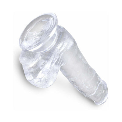 Clear 6-inch realistic dildo with suction cup base and detailed texture, designed for versatile use.