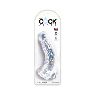 Clear 7.5-inch realistic dildo with balls in retail packaging, featuring suction cup base and strap-on compatibility.