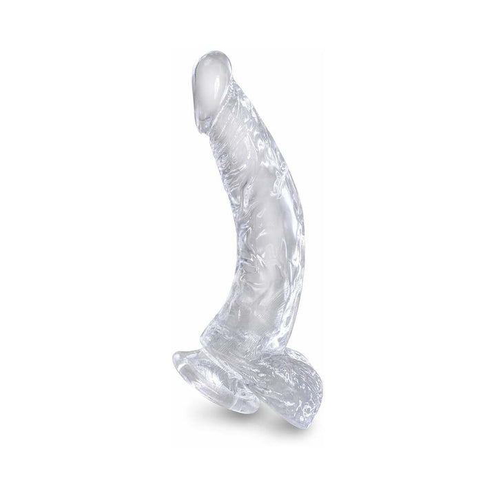Clear 7.5-inch realistic dildo with detailed veins and suction cup base for versatile use.