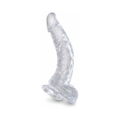 Clear 7.5-inch realistic dildo with detailed veins and suction cup base for versatile use.