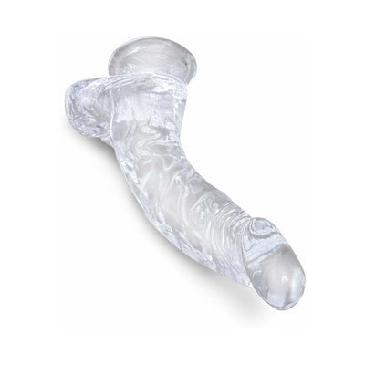 Clear 7.5-inch realistic dildo with detailed veins and suction cup base for versatile use.