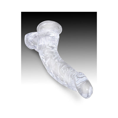 Clear 7.5-inch realistic dildo with detailed veins and suction cup base, flexible and lifelike design.