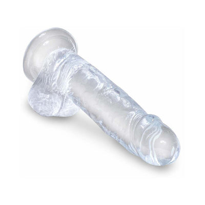 Clear 7-inch realistic dildo with suction cup base and detailed veins, made from translucent flexible material.