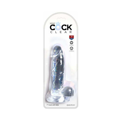 Clear 7-inch realistic dildo with suction base and balls in retail packaging labeled King Cock Clear.