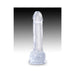 Clear 7-inch realistic dildo with detailed veins and suction cup base standing upright on gradient background.