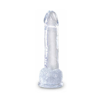 Clear 7-inch realistic dildo with detailed veins and suction cup base for hands-free use.