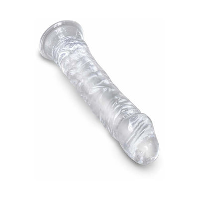 Clear 8-inch realistic dildo with textured veins and suction cup base for hands-free use.