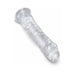 Clear 8-inch realistic dildo with textured veins and suction cup base for hands-free use.