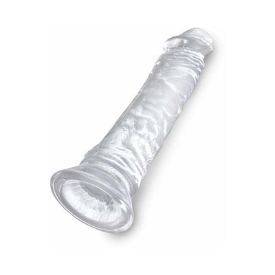 Clear 8-inch flexible dildo with detailed texture and suction cup base for hands-free use.