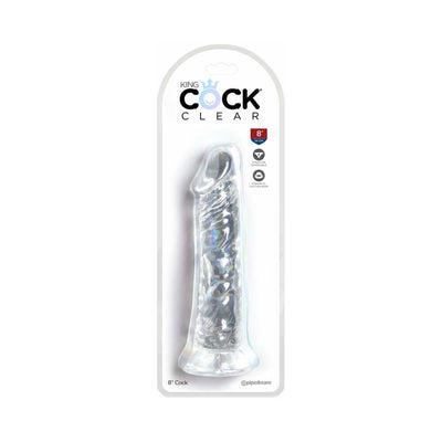 Clear 8-inch realistic dildo with suction cup base in retail packaging, King Cock Clear by Pipedream.