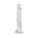 Clear 8-inch realistic dildo with detailed veins and suction cup base standing upright on white background.