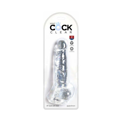 Clear 8-inch realistic silicone adult toy with suction base in retail packaging