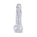 Clear 8-inch realistic dildo with detailed texture and attached balls on a white background.