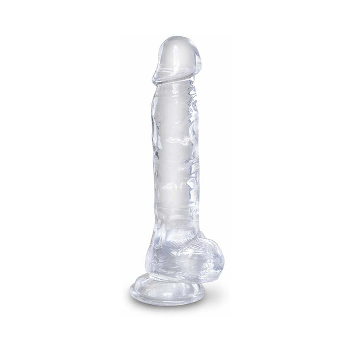 Clear 8-inch realistic silicone adult toy with detailed texture and suction base.