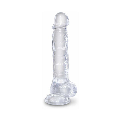 Clear 8-inch realistic silicone adult toy with detailed texture and suction base.