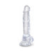 Clear 8-inch realistic silicone adult toy with detailed texture and suction base.