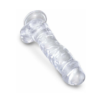 Clear 8-inch realistic textured adult toy with suction base and attached balls, made from transparent material.