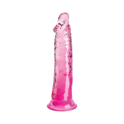 Translucent pink 8-inch realistic dildo with suction cup base standing upright on white background.