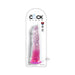 Clear pink 8-inch flexible dildo with suction cup base in retail packaging.