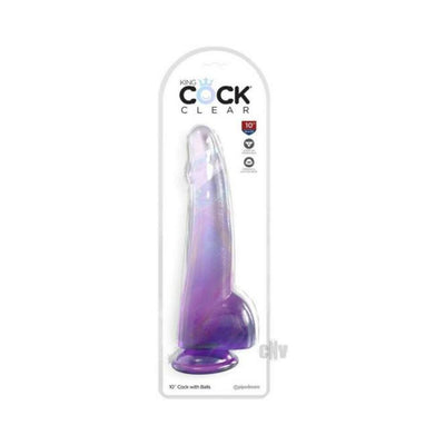 Translucent purple 10-inch realistic dildo with suction cup base in clear packaging labeled King Cock Clear.