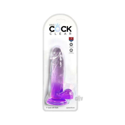 Purple translucent 7-inch dildo with suction cup base in clear packaging labeled King Cock Clear.