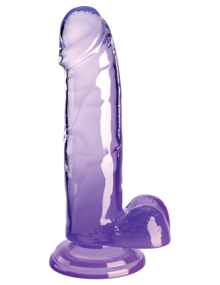 Translucent purple dildo with detailed veins and suction cup base standing upright on white background.