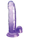 Translucent purple dildo with detailed veins and suction cup base standing upright on white background.